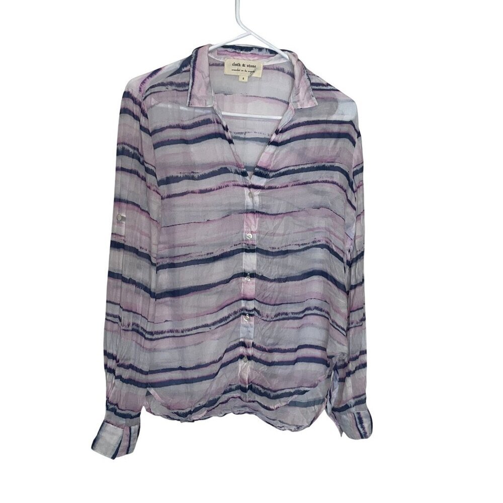 Anthropologie Cloth & Stone Womens Sheer Striped Button Down Shirt S Purple & Bl